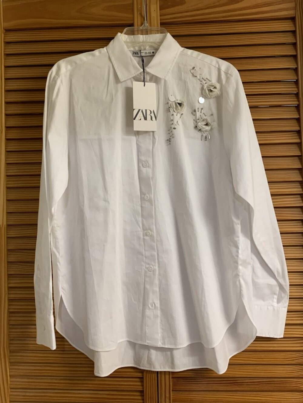 ZARA WOMAN LOGN SLEEVES BUTTON DOWN COTTON SHIRT WHITE/4786/132 S
